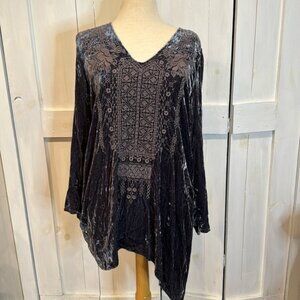 Johnny Was Grey Velvet Embroidered Tunic Top